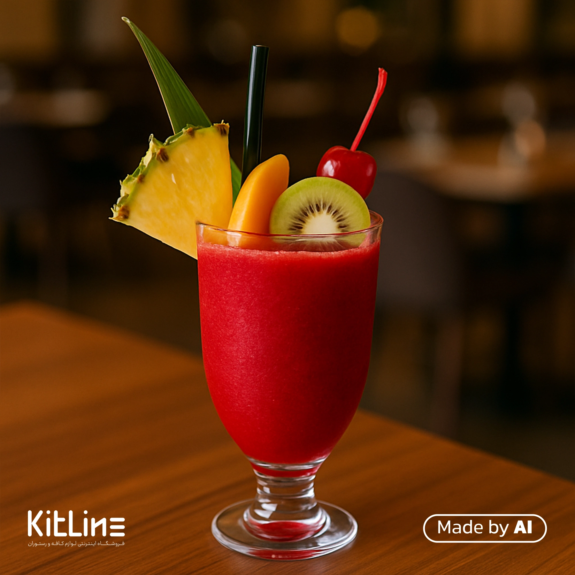 سیروپ تروپیکال فروت (میوه های استوایی) لوکس کاسیت ۷۵۰ میلی لیتری که باآن نوشیدنی حرفه ای درست شده و در لیوان با تزئینات قرار دارد.