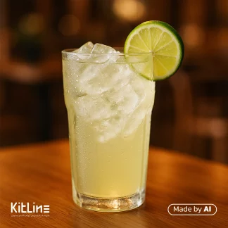 سیروپ لایم (لیمو سبز) لوکس کاسیت ۷۵۰ میلی لیتری که با آن یک نوشیدنی لیمو جذاب تهیه شده و داخل لیوان قرار دارد.