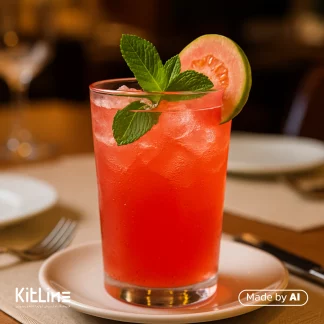 سیروپ گواوا لوکس کاسیت ۷۵۰ میلی لیتری که با آن یک نوشیدنی جذاب تهیه شده است و در یک لیوان پر از یخ ریخته شده است.