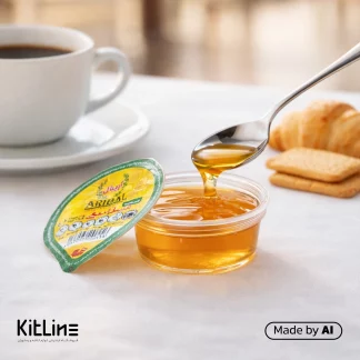 عسل تک نفره آریبال روی میز کافی شاپ در کنار قهوه و کروسان