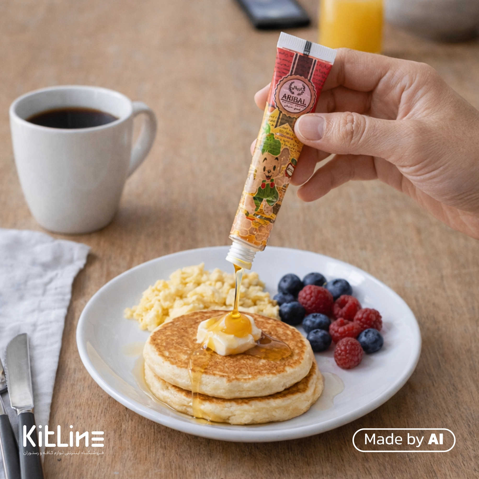 عسل تک نفره تیوپی آریبال روی پنکیک فرانسوی با دورچین بلوبری