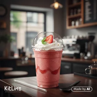 لیوان آیس پک یکبار مصرف پلاستیکی ۴۰۰ میلی لیتری با در حبابی صنایع خوزستان که در آن شیک توت فرنگی ریخته شده است.