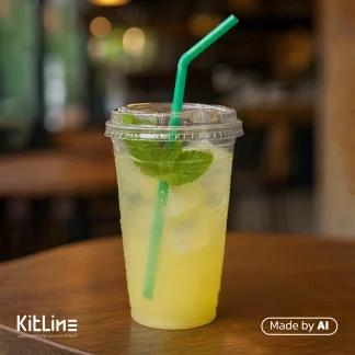 لیوان یکبار مصرف پت همراه با درب ۵۰۰ میلی لیتری صنایع پلاستیک خوزستان که در آن نوشیدنی لیموناد قرار دارد.