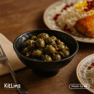 در پیاله ملامین پایه دار موج دار ۲۰۰ میلی لیتری مشکی Fede Group زیتون پرورده ریخته شده است.