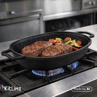 استیک با سبزیجات داخل تابه چدن بیضی سایز ۳۴ نالینو مدل پولو (Pollo)