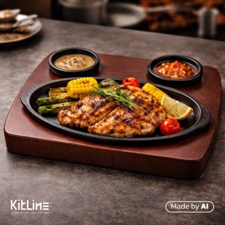 استیک مرغ به همراه دورچین سبزیجات و سس مخصوص داخل پلیت چدنی بیضی با زیره چوبی جا سس دار کد CW101.1