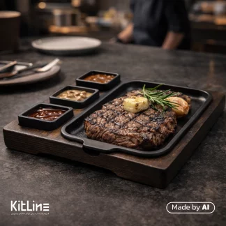 استیک گوشت به همراه سبزیجات و سس مخصوص داخل پلیت چدنی استیک جا سس دار CW103.1