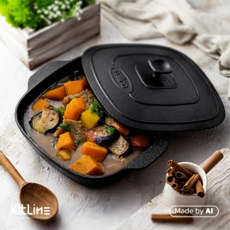 تابه مربعی چدن سایز ۲۸ درب دار نالینو مدل آدرینا (Adrina) که در آن سبزیجات گریل شده است.