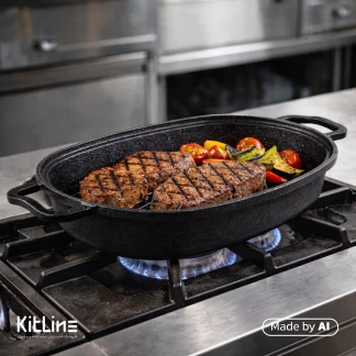 پخت استیک در تابه چدن بیضی سایز ۳۴ نالینو مدل پولو (Pollo)