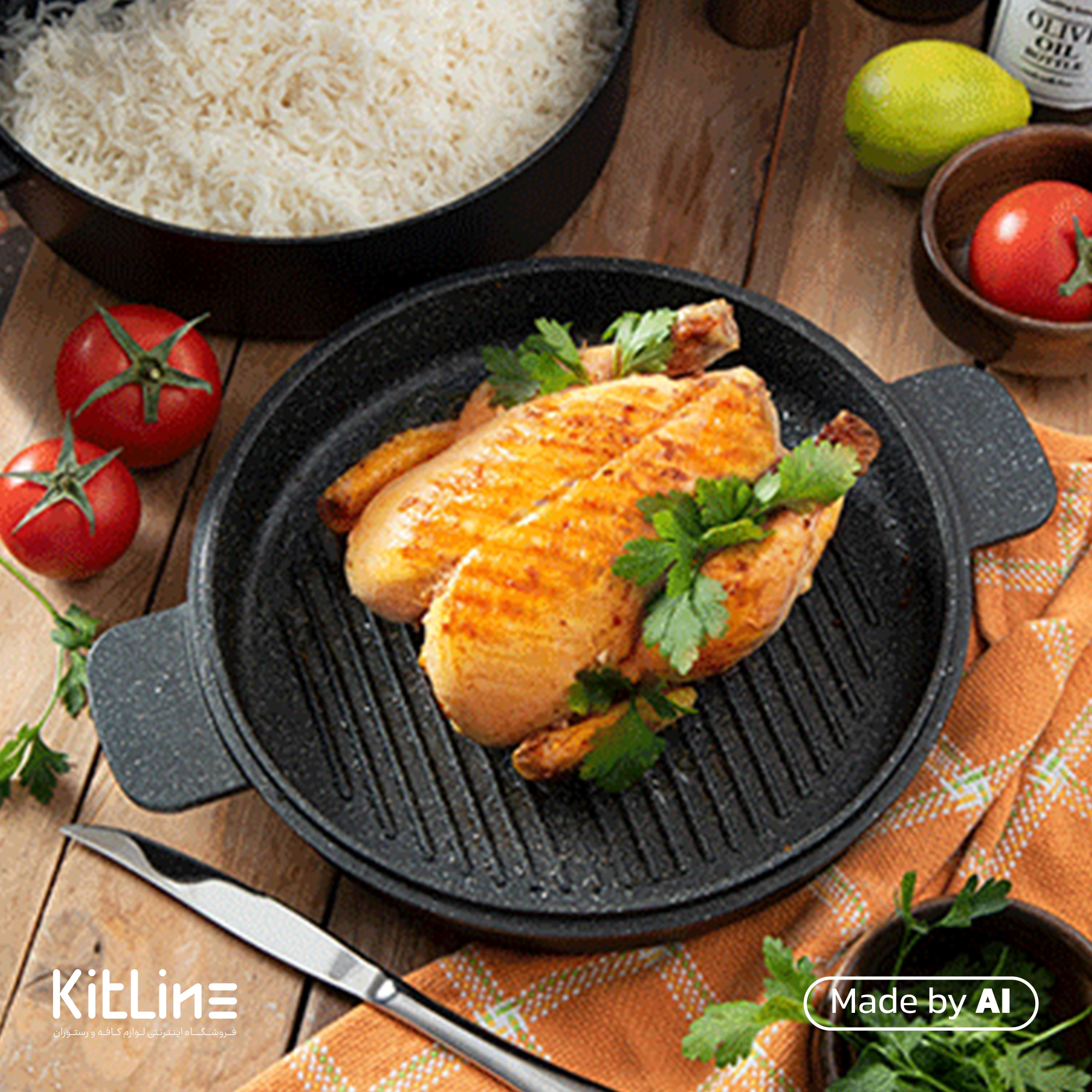 تابه چدنی دو طرفه سایز ۲۶ نالینو مدل هوگو (Hugo) که در آن مرغ گریل شده است.