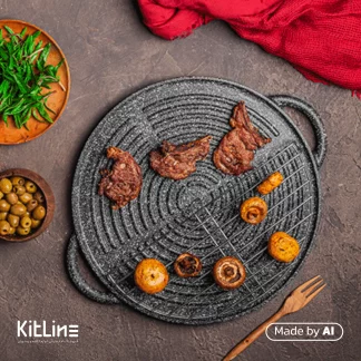 تابه گریل چدن دو طرفه سایز ۳۴ نالینو مدل دانیلی (Daniele) که بر روی آن گوشت گریل شده است.