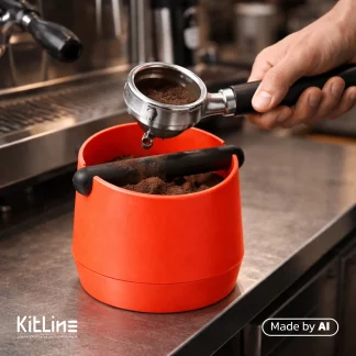 خالی کردن تفاله قهوه توی پرتافیلتر داخل ناک باکس پلاستیکی نارنجی ۱۵ سانتیمتری Barista space