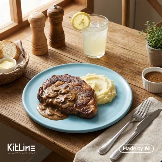 دیس سرامیکی دفرمه آبی پاستیلی دوریکا که در آن استسک سرو شده است.