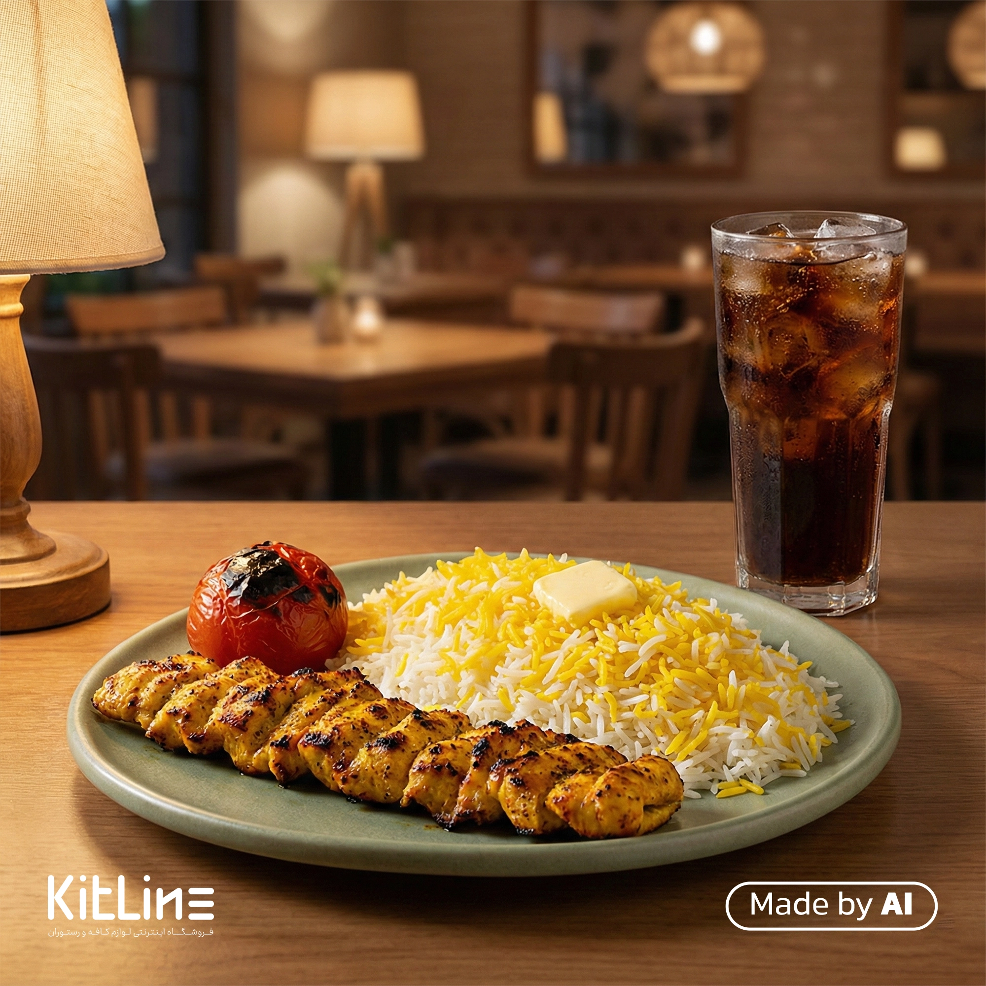 دیس سرامیکی دفرمه سبز پاستیلی دوریکا که در آن برنج و یک سیخ جوجه کباب و یک گوجه کبابی سرو شده است.