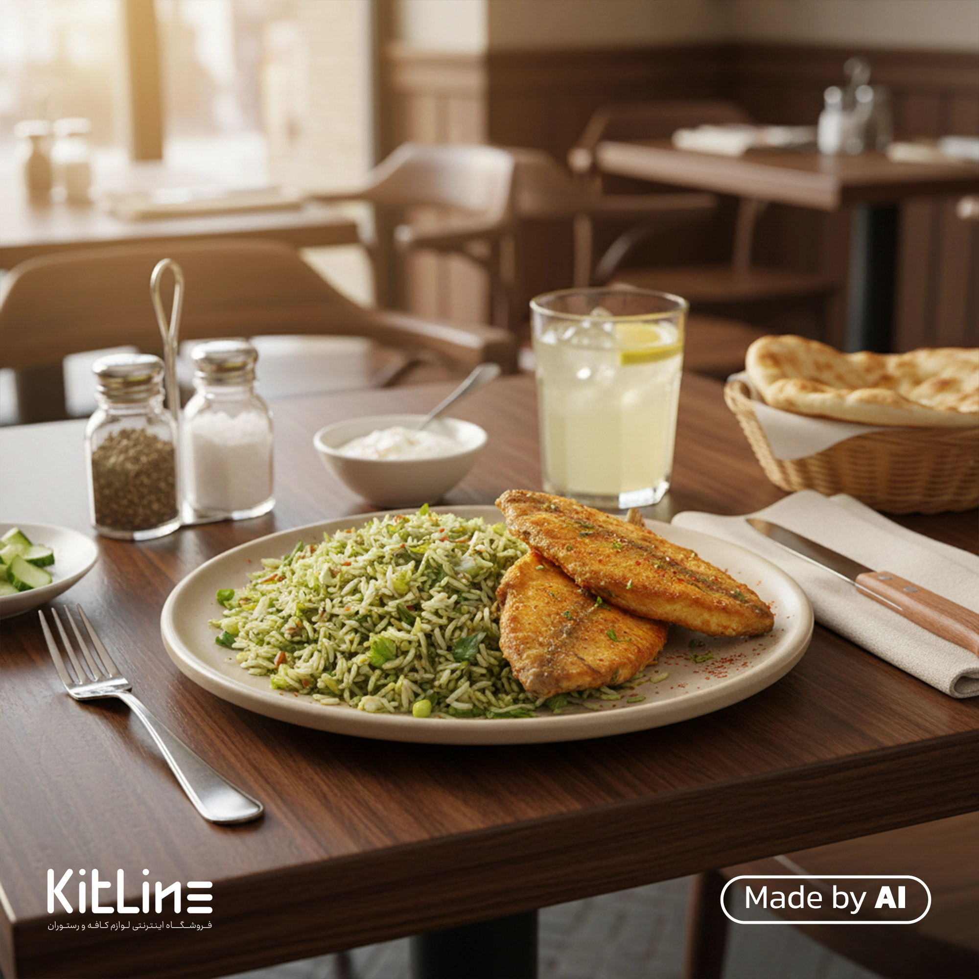 دیس سرامیکی دفرمه کرم مات دوریکا که در آن سبزی پلو و ماهی سرو شده است بر روی میز که شامل کاردو چنگال و نمکدان و فلفلدان است.