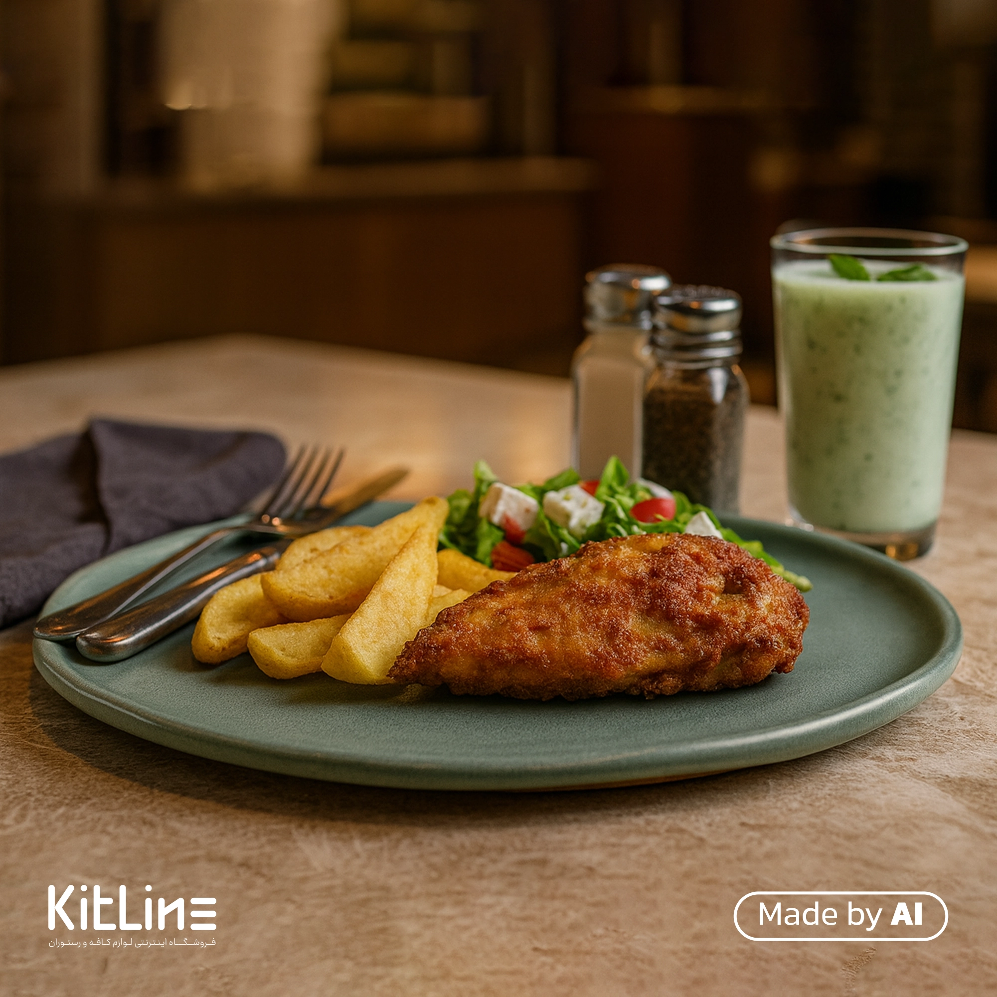 دیس سرامیکی دفرمه یشمی مات دوریکا که در آن مرغ سوخاری به همراه سیب زمینی سرو شده است.