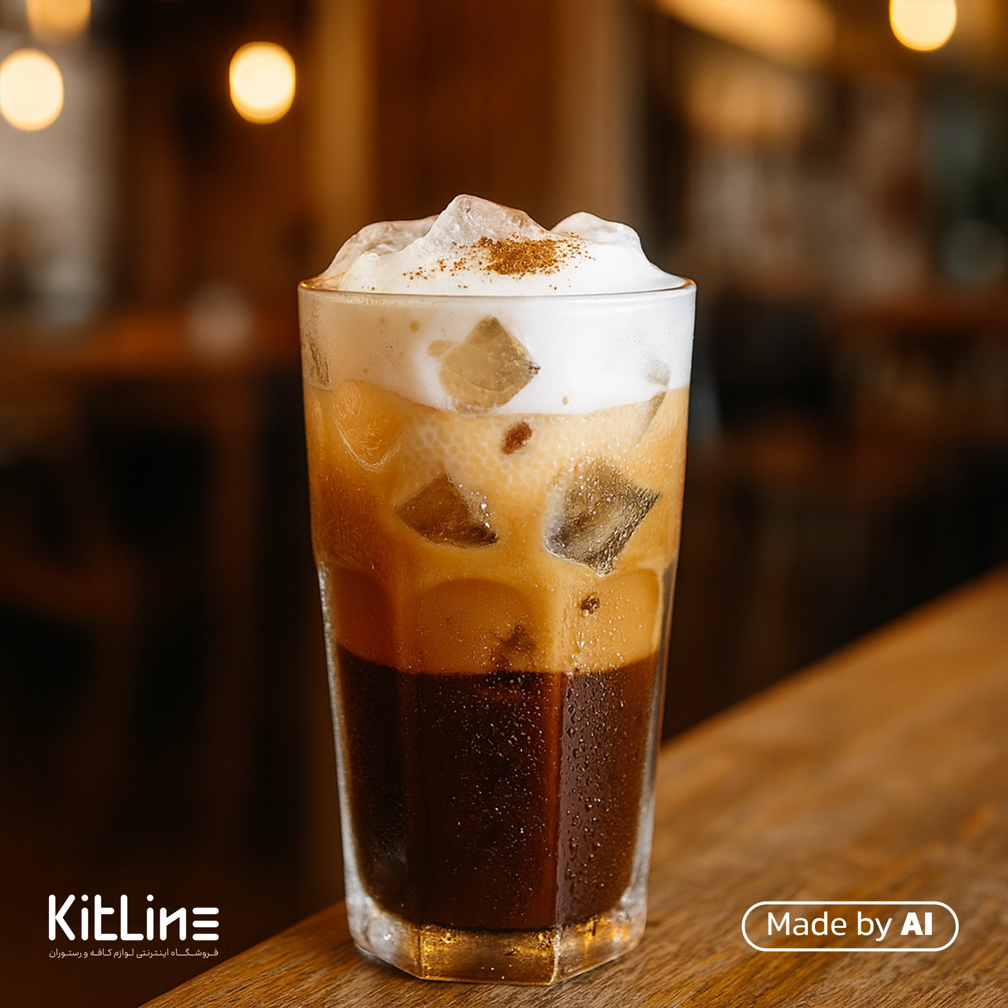 با استفاده از سیروپ آیریش ای جی لاکچری (AJ Luxury) یک توشیدنی جذاب درست شده و در لیوان شفاف پر از یخ ریخته شده است.