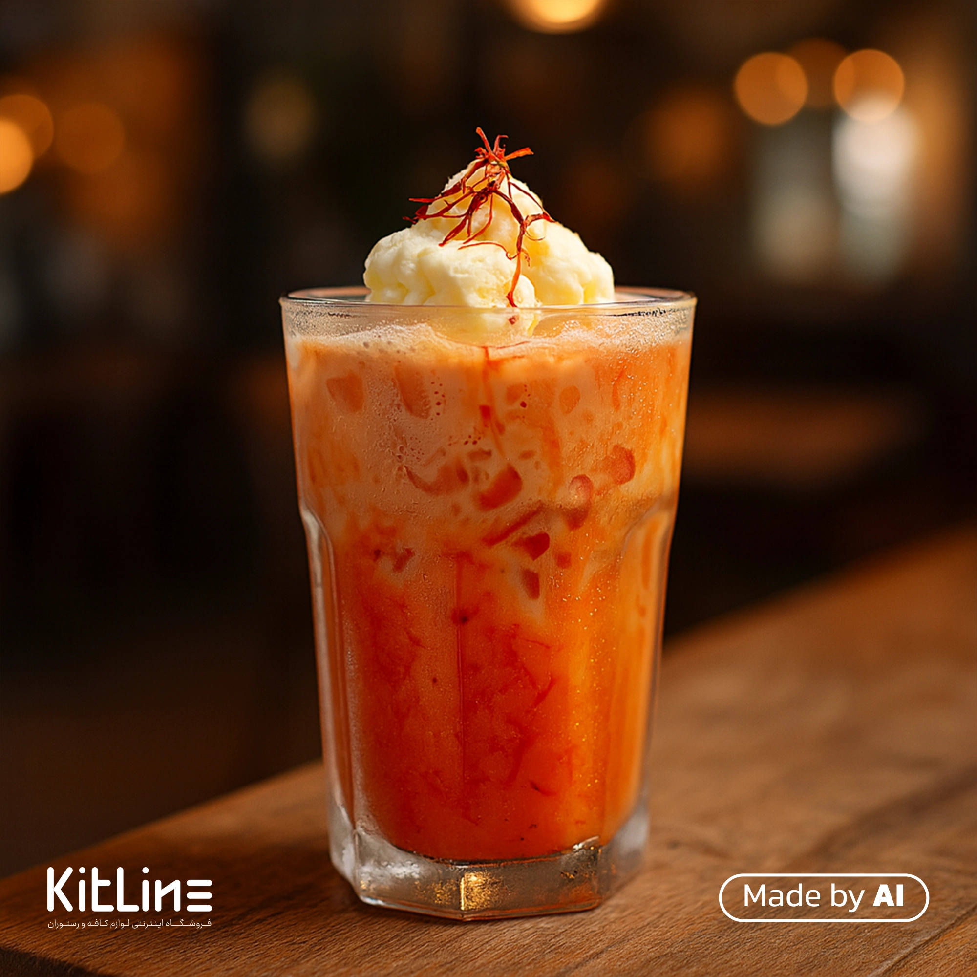 با استفاده از سیروپ زعفران ای جی لاکچری (AJ Luxury) بک نوشیدنی جذاب در لیوان شیشه ای شفاف تهیه شده.