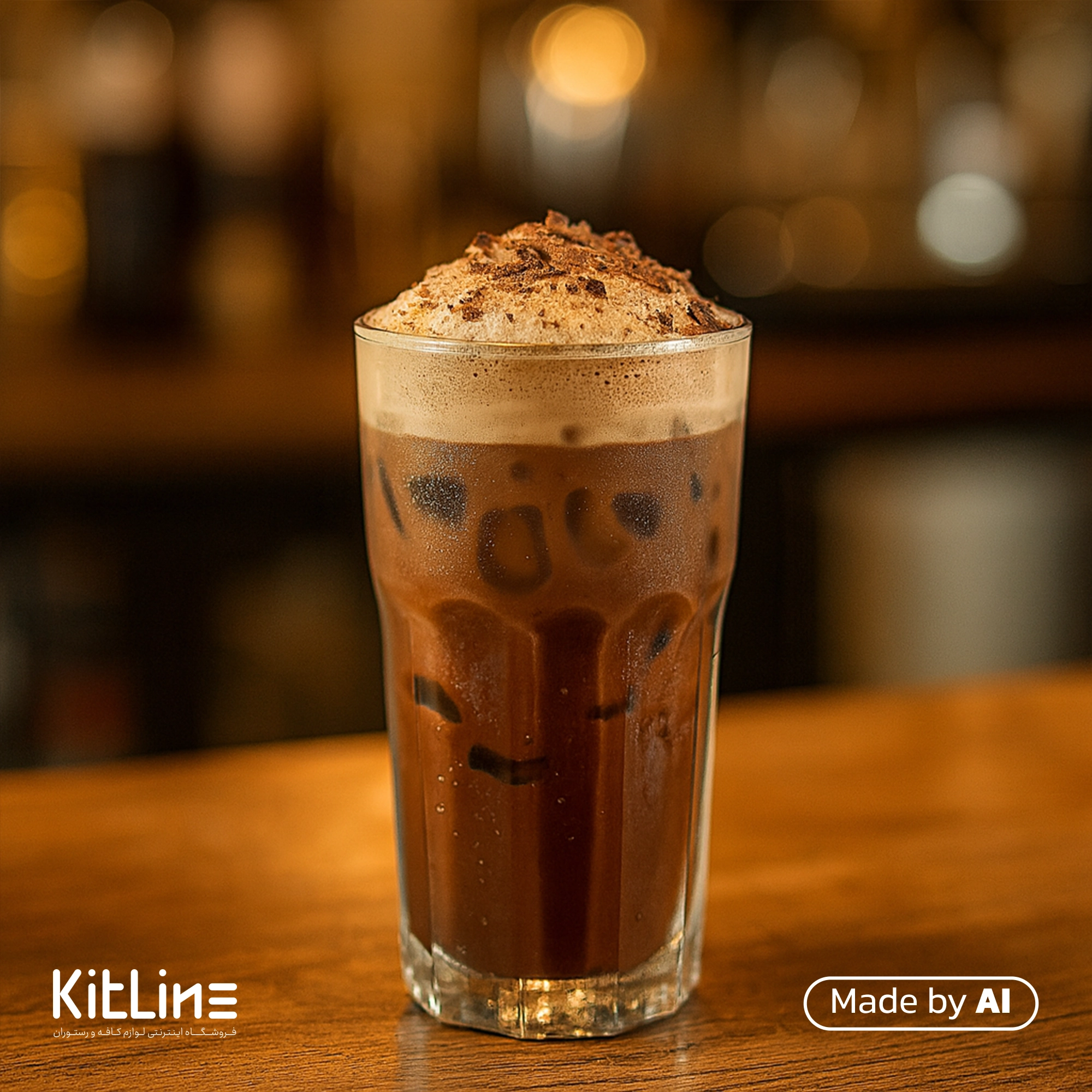 با استفاده از سیروپ شکلات ای جی لاکچری (AJ Luxury) یک نوشیدنی شکلاتی تهیه شده است و در لیوان شفاف ریخته شده است.