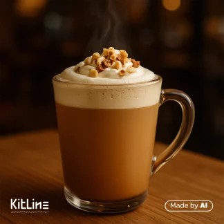 با استفاده از سیروپ فندق ای جی لاکچری (AJ Luxury) قهوه موکا تهیه شده است و دخل ماگ شفاف سرو شده است.