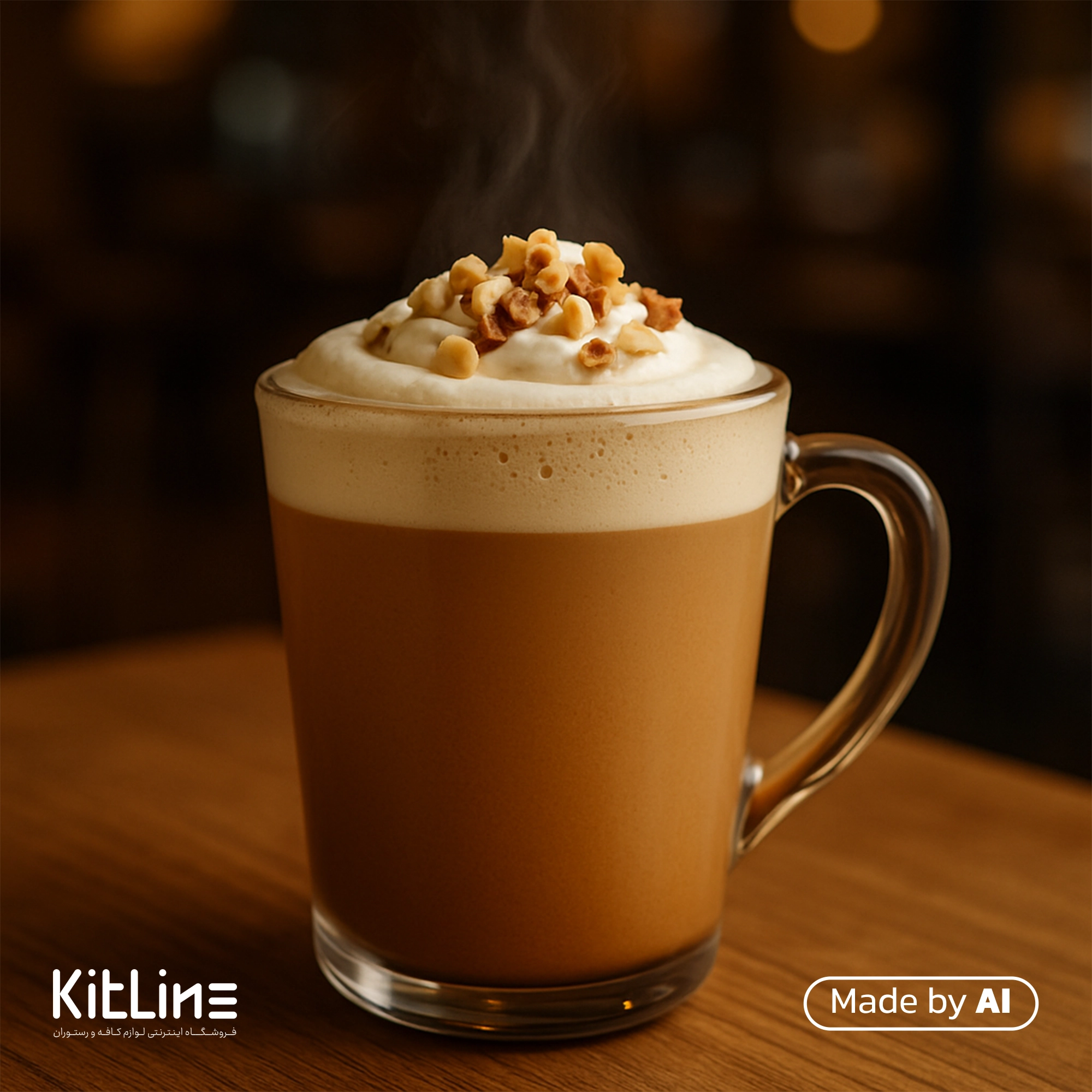 با استفاده از سیروپ فندق ای جی لاکچری (AJ Luxury) قهوه موکا تهیه شده است و دخل ماگ شفاف سرو شده است.