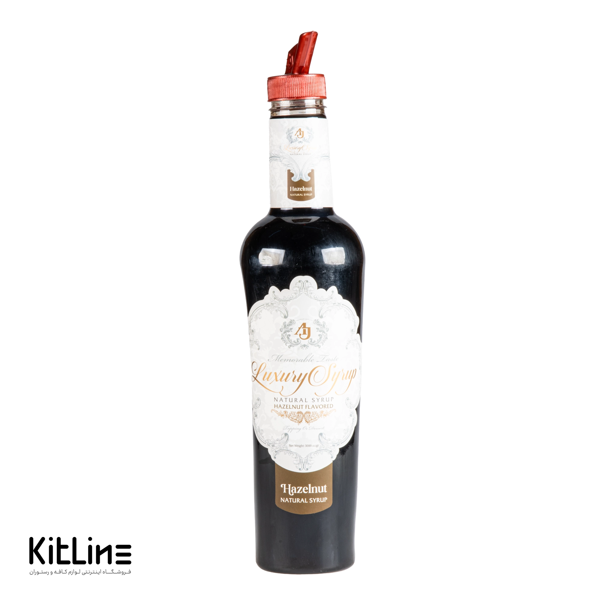 سیروپ فندق ای جی لاکچری (AJ Luxury) ۳۰۰۰ گرمی با طعم طبیعی و رایحه غنی فندق، مناسب نوشیدنیهای گرم، سرد و دسرهای کافیشاپی. خرید با قیمت مناسب و ارسال سریع