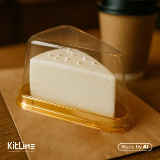 ظرف اسلایس کیک یکبار مصرف با زیره طلایی موفقی کیکی گذاشته شده است.