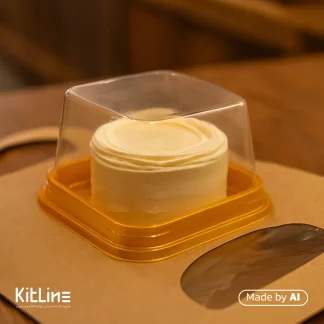 ظرف بنتو کیک یکبار مصرف مربع با زیره طلایی مات موفقی که در آن کیک جهت سفارش بیرون بر گذاشته شده است.