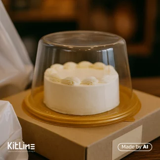 ظرف بنتو کیک یکبار مصرف گرد با زیره طلایی مات موفقی که در آن یک کیک جهت سفارش بیرون بر گذاشته شده است.