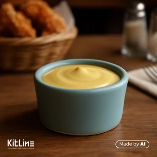 ظرف سس سرامیکی آبی پاستیلی دوریکا که در آن سس خردل سرو شده است.