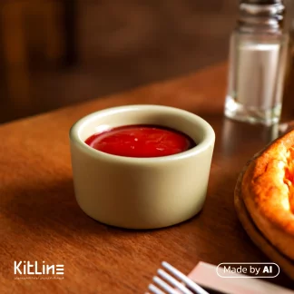 ظرف سس سرامیکی سبز پاستیلی دوریکا که در آن سس کچاپ سرو شده است.