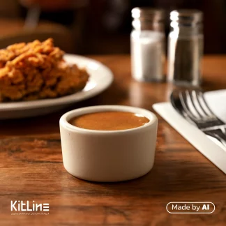 ظرف سس سرامیکی شیری مات دوریکا که در آن سس سرو شده است.