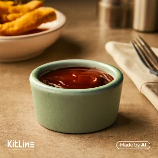 ظرف سس سرامیکی یشمی مات دوریکا که در آن سس کچاپ سرو شده است.
