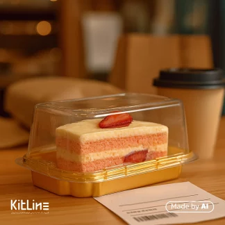 ظرف کاپ کیک یکبار مصرف مستطیل با زیره طلایی مات موفقی که در آن یک کیک جهت برین بر سرو شده است.