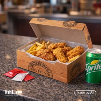 فیله سوخاری داخل جعبه کنتاکی سفره ای کرافت طرح چوب جلوه آفتاب همراه نوشابه قوطی اسپرایت