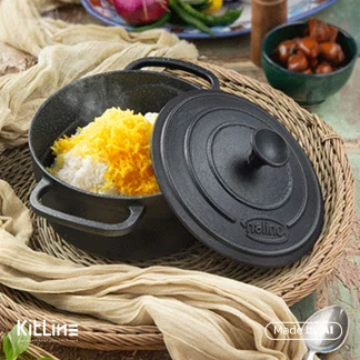 قابلمه چدنی سایز ۲۸ نالینو مدل فلتی (Feleti) که در آن برنج درست شده است.