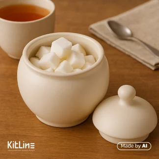 قندان سرامیکی شیری مات دوریکا که پر از قند است.