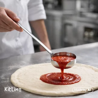 ریختن سس پیتزا با ملاقه سس پیتزا