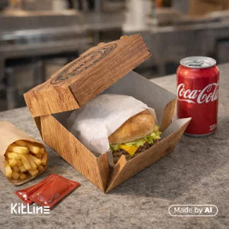 همبرگر داخل جعبه همبرگر سفره ای کرافت طرح چوب جلوه آفتاب به همراه نوشابه قوطی کوکاکولا و فرایز