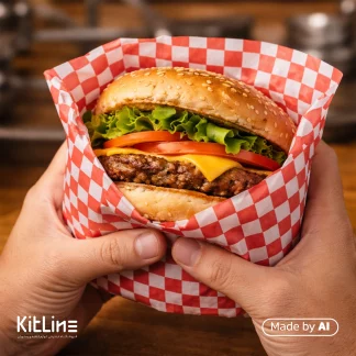 همبرگر کلاسیک آمریکایی پیچیده شده در کاغذ مومی یکبار مصرف ۳۳×۴۰ سانتیمتری شطرنجی قرمز