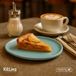 پیشدستی سرامیکی دفرمه آبی پاستیلی دوریکا که درآن کیک سرو شده است.