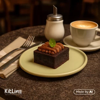 پیشدستی سرامیکی دفرمه سبز پاستیلی دوریکا که در آن کیک سرو شده است.