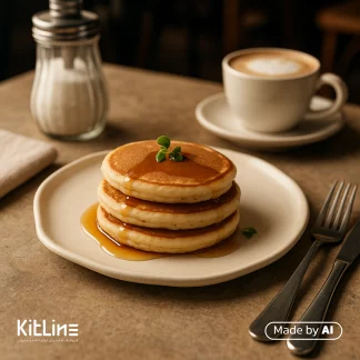 پیشدستی سرامیکی دفرمه شیری مات دوریکا که در آن پنکیک سرو شده است.