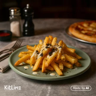 پیشدستی سرامیکی دفرمه یشمی مات دوریکا که پر از سیب زمینی سرخ کرده است.