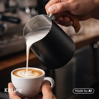 سرو لاته آرت با پیچر استیل مشکی دسته چوبی ۶۰۰ میلی لیتر