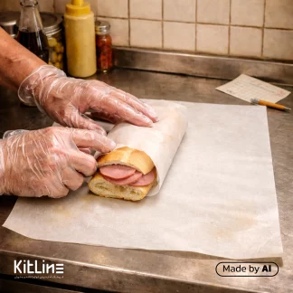 پیچیدن ساندویچ کالباس پپرونی داخل کاغذ مومی یک رو روغنی ۳۵×۵۰ سانتیمتری