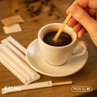 با استفاده از چوب قهوه یکبار مصرف کاور دار که درحال هم زدن قهوه است.