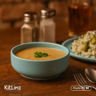 کاسه سرامیکی ۱۶ سانتیمتری آبی پاستیلی دوریکا که در آن سوپ سرو شده است.