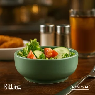 کاسه سرامیکی ۱۶ سانتیمتری یشمی مات دوریکا که در آن سالاد سرو شده است.