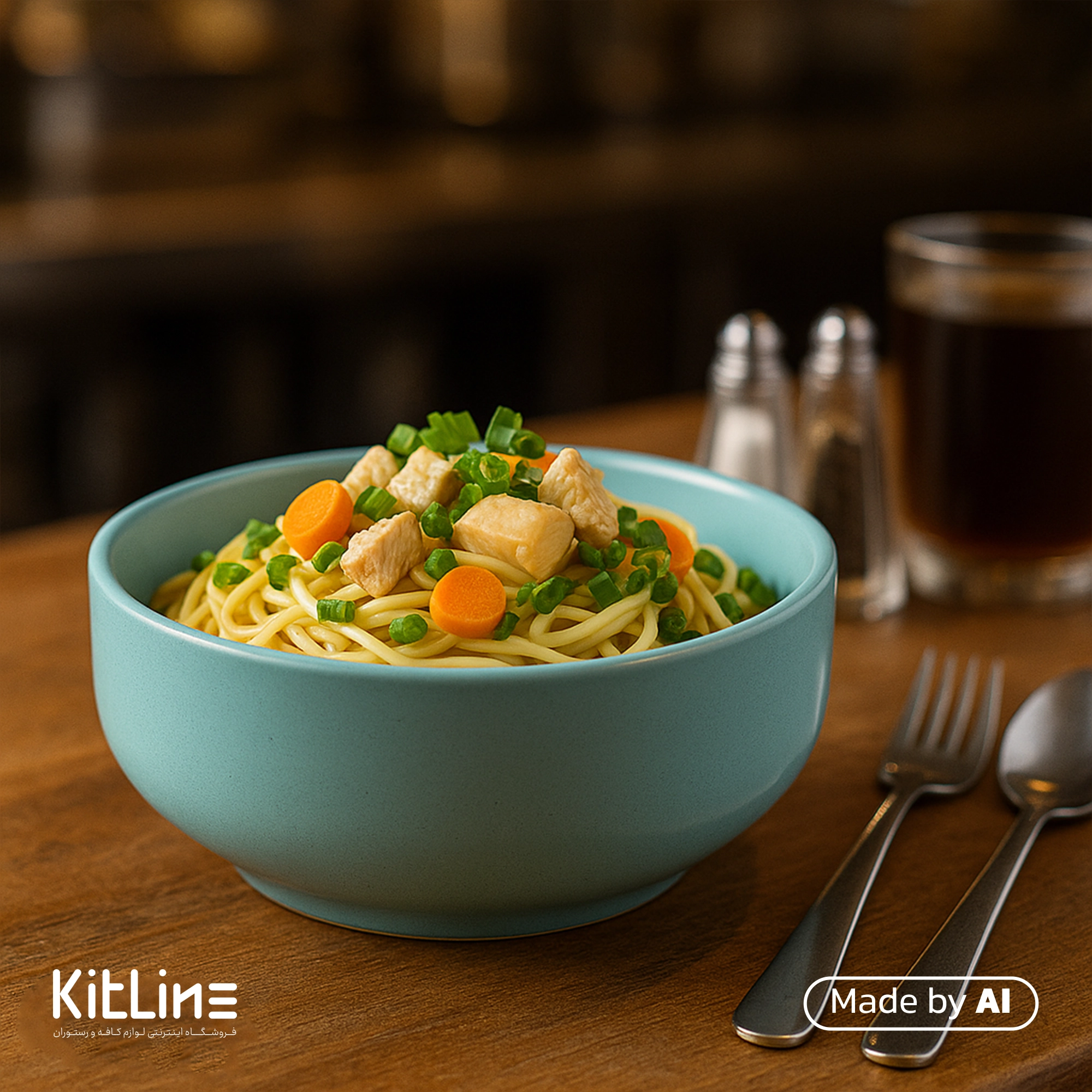 کاسه سرامیکی ۲۰ سانتیمتری آبی پاستیلی دوریکا که در آن نودل مرغ و سبزیجات سرو شده است.